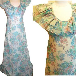 1970s Vintage Maxi Dress SMALL Ruffled Floral Summer Retro